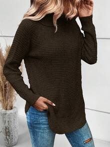 SHEIN Essnce 高領插肩袖下擺開叉套頭毛衣 - 巧克力棕 - 查看 3