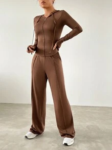SHEIN EZwear 拉鏈開襟抽繩連帽夾克&闊腿褲 - 棕色 - 查看 3