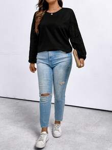 SHEIN LUNE Plus Eyelet Embroidery Lantern Sleeve Tee - Black - View 5