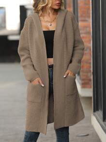 SHEIN Essnce 雙口袋連帽開襟開衫 - 卡其色 - 查看 3