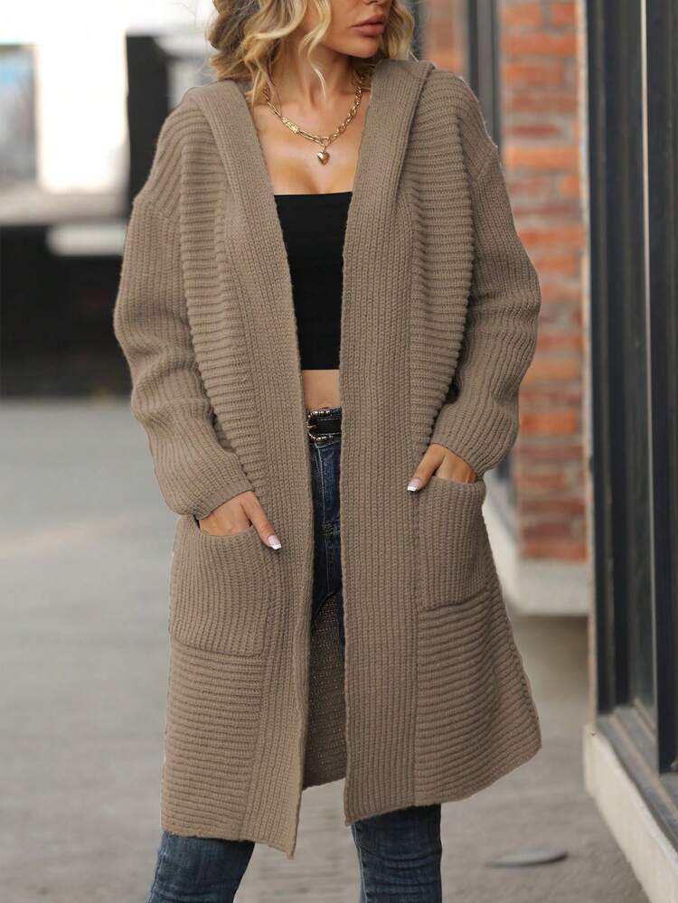 SHEIN Essnce 雙口袋連帽開襟開衫 - 卡其色 - 查看 3