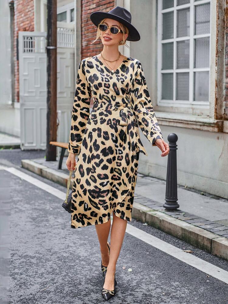 Allover Print Knot Side Wrap Dress Fall Cloth For Women