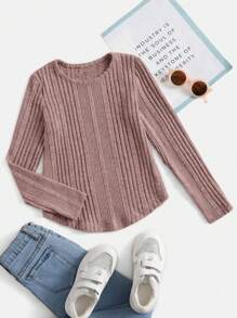 SHEIN 女大童素色弧形下擺條紋針織T恤 - 藕粉色 - 查看 1