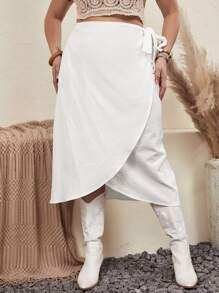 SHEIN VCAY 大碼素色側打結裹身裙 - 白色 - 查看 3