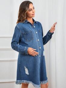 SHEIN 孕婦破洞毛邊牛仔洋裝 - 淺色水洗藍 - 查看 1