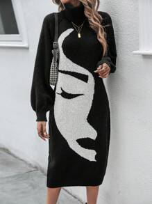EMERY ROSE Figure Graphic Turtleneck Lantern Sleeve Sweater Dress Fall Winter Cloth For Women - Black - View 1