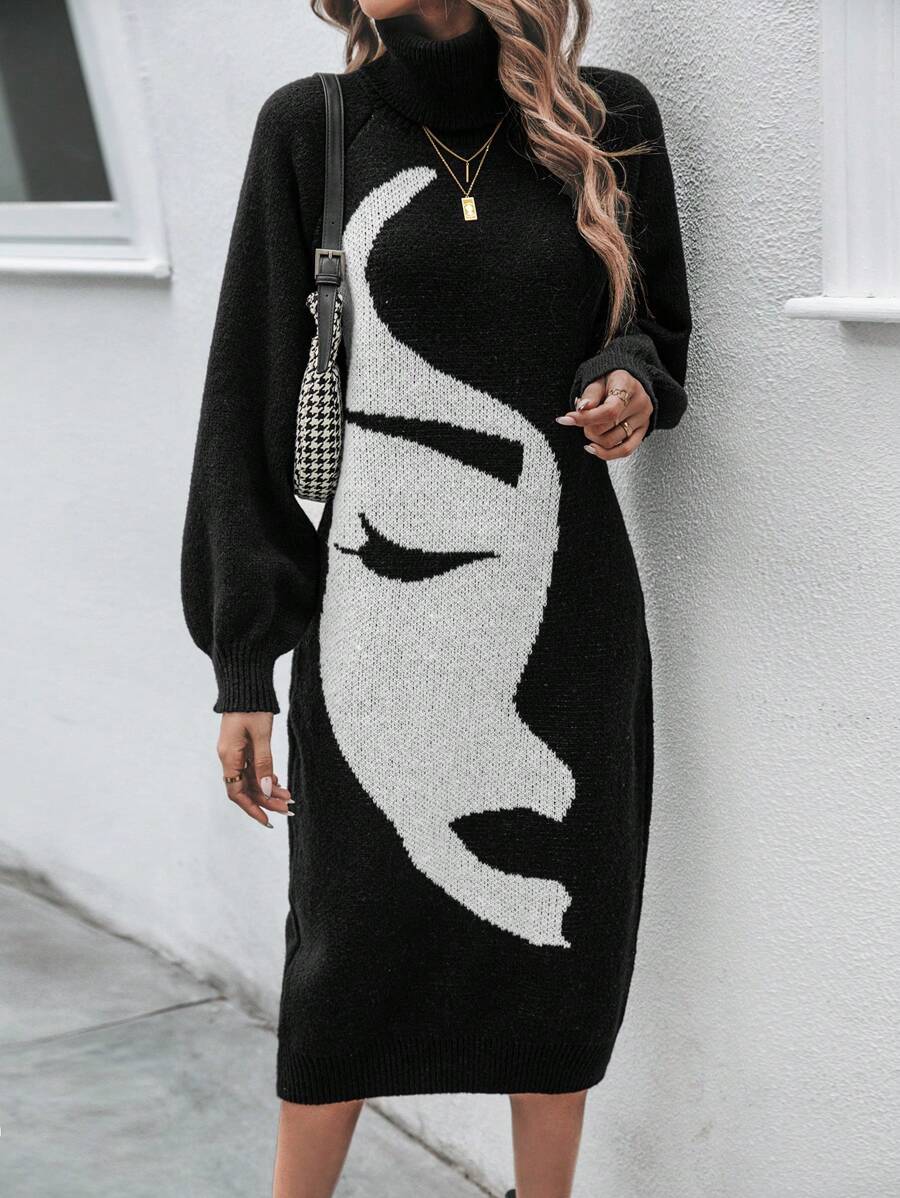 EMERY ROSE Figure Graphic Turtleneck Lantern Sleeve Sweater Dress Fall Winter Cloth For Women - Black - View 1