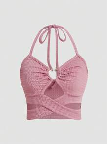 SHEIN Unity 女式纯色露背细肩带金属环装饰镂空时尚无袖背心 - 粉色 - 查看 1