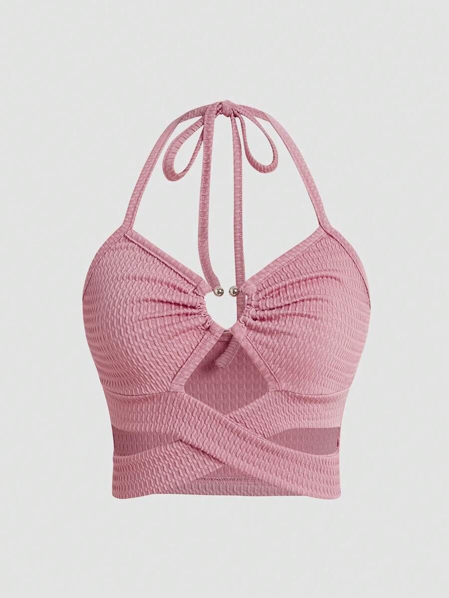 SHEIN Unity 女式纯色露背细肩带金属环装饰镂空时尚无袖背心 - 粉色 - 查看 1