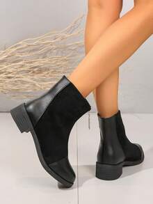 女士們時尚方頭拉鍊高跟鞋薄靴子帶拼貼設計 - 黑色 - 查看 2