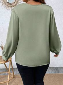 Celure Plus Guipure Lace Insert Lantern Sleeve Blouse - Green - View 2