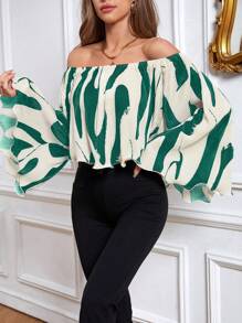 SHEIN Privé Graphic Print Off Shoulder Blouse - Green - View 4