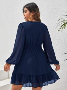 SHEIN VCAY Plus Lantern Sleeve Ruffle Hem Dress - Navy Blue - View 2