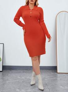 SHEIN Essnce Plus Polo Neck Ribbed Knit Bodycon Sweater Dress - Red - View 5