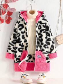 SHEIN 女小童豹紋圖案字母補丁細節連帽絨毛外套無毛衣 - 彩色 - 查看 1