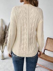 SHEIN Frenchy 麻花編織落肩袖套頭毛衣 - 杏色 - 查看 2