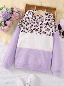 SHEIN 女大童豹紋印花撞色連帽衛衣 - 淡紫色 - 查看 1