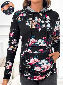 SHEIN Floral Print Kangaroo Pocket Drawstring Hooded Nursing Hoodie - Black - View 1