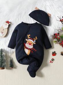 SHEIN 男嬰聖誕印花睡眠連身衣和聖誕帽子