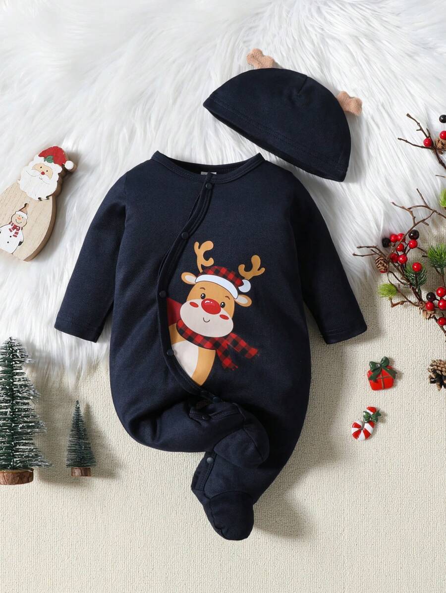 SHEIN 男嬰聖誕印花睡眠連身衣和聖誕帽子