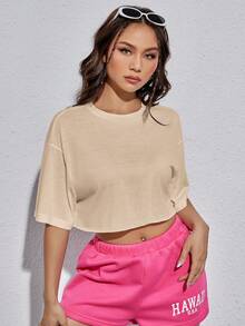 SHEIN EZwear Slogan & Floral Print Drop Shoulder Crop Tee - Apricot - View 2