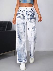 SHEIN ICON Jeans de pierna recta de tie dye - Blanco - Ver 4