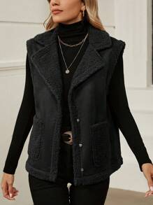 SHEIN LUNE Dual Pocket Teddy Lined Vest Jacket In Fall/Winter - Black - View 6