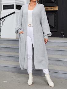 SHEIN Essnce 大码双口袋落肩开衫 - 灰色 - 查看 5