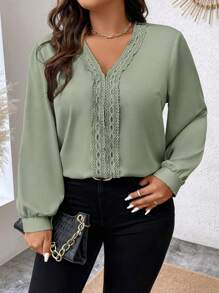 Celure Plus Guipure Lace Insert Lantern Sleeve Blouse - Green - View 5