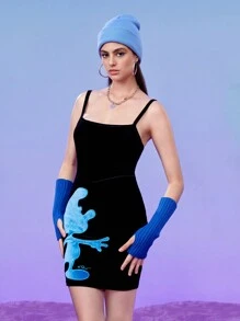 SHEIN X The Smurfs Velvet Applique Embroidered Cartoon Pattern Slim Fit Slip Dress - Black - View 4