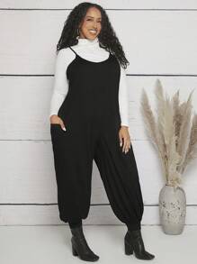 SHEIN CURVE+ 大碼素色吊帶連體褲不帶T恤 - 黑色 - 查看 6