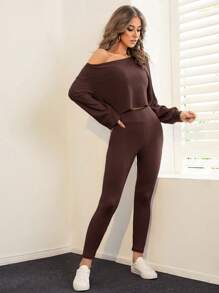 SHEIN Essnce de hombros caídos tejido de canalé Camiseta crop & Leggings - Café integral - Ver 1