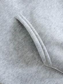 INAWLY 太空和標語圖案袋鼠口袋抽繩加絨內裏連帽衫 - 灰色 - 查看 5