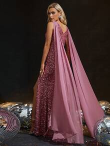 Draped Back Split Thigh Sequin Formal Dress - Watermelon Pink - View 2