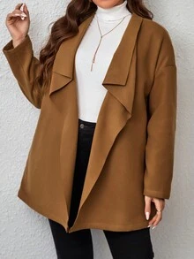 SHEIN LUNE Hơn Cổ áo thác nước Thả vai Mở Mặt trước Áo khoác - màu nâu - Xem 3