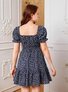 SHEIN 青少年女孩碎花泡泡袖荷葉邊洋裝 - 藏蓝色 - 查看 2