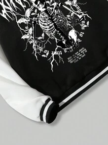 ROMWE MEN Goth Guys Skeleton & Slogan Graphic Striped Trim Drop Shoulder Varsity Jacket - Black - View 6