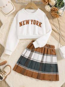 SHEIN Tween Girl Letter Graphic Pullover & Plaid Pleated Skirt - Multicolor - View 1