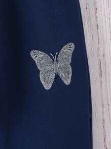 SHEIN Chica preadolescente 1 pieza con estampado de mariposa con forro térmico con capucha Cazadora & 1 pieza Pantalones deportivos