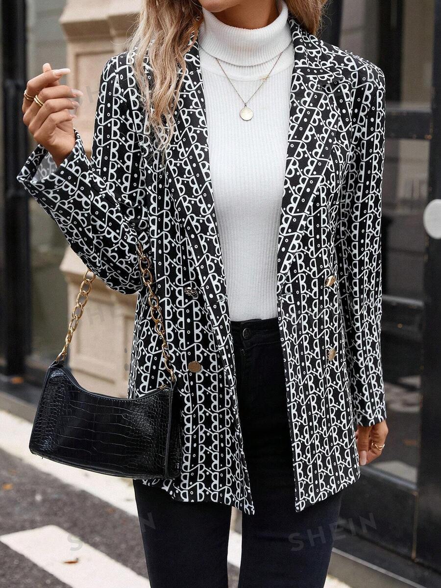 SHEIN Clasi Blazer mit All Over Print doppelten Knopfleisten, - Schwarz und Weiss - Übersicht 1