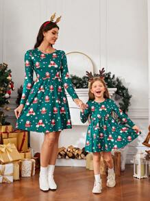 SHEIN LUNE Christmas Print A-line Dress - Dark Green - View 2