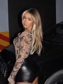 SHEIN ICON Y2k  Fitted T Shirt Fall Women Outfits Rave Festival Outfits Asymmetrical Neck Tattoo Print Mesh Flared Sleeve Fitted Asymmetric Hem Women Blouse