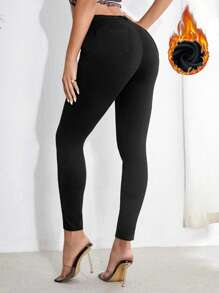 SHEIN SXY Đã chải Chất vải Nhiệt Cao eo Quần jean ôm - màu đen - Xem 2