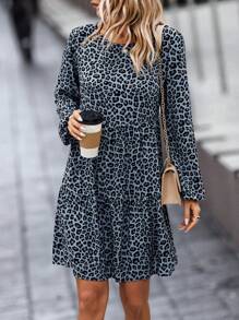 SHEIN LUNE 豹紋印花荷葉邊娃娃裙 - 霧霾藍 - 查看 3