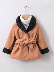 Baby Girl 1pc Contrast Binding Belted Overcoat - Brown - View 1