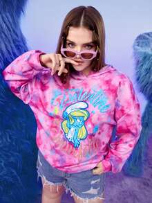 SHEIN X The Smurfs Áo nỉ rộng tay, nhuộm tie-dye, in hình hoạt hình. - Nhiều màu - Xem 5