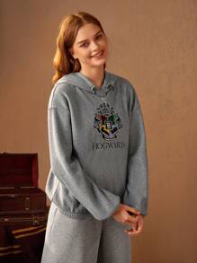 HARRY POTTER X SHEIN Chi tiết thêu Thả vai Dây rút Hoodie - Xám - Xem 8