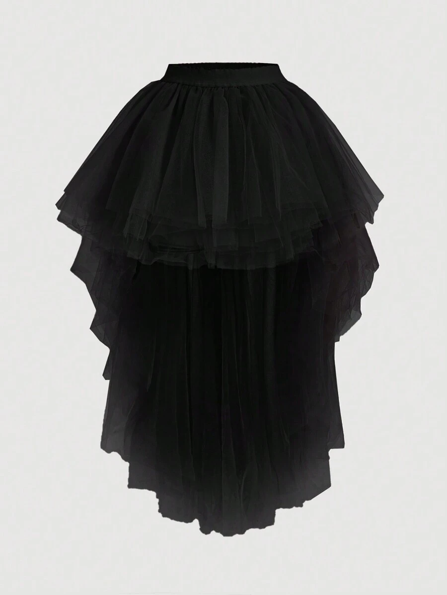 SHEIN MOD High Low Hem Mesh Overlay Skirt - Black - View 1