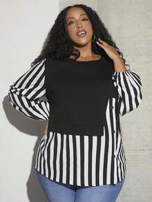 SHEIN CURVE+ 大碼條紋印花燈籠袖假兩件上衣 - 黑與白 - 查看 6