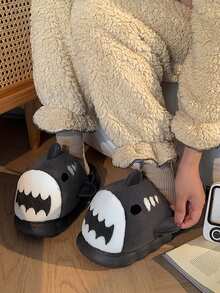 可愛鯊魚情侶拖鞋,搞笑&時尚&濃烈香調室內室外拖鞋適合男士,卡通設計,厚鞋底,防滑 - 深灰色 - 查看 2